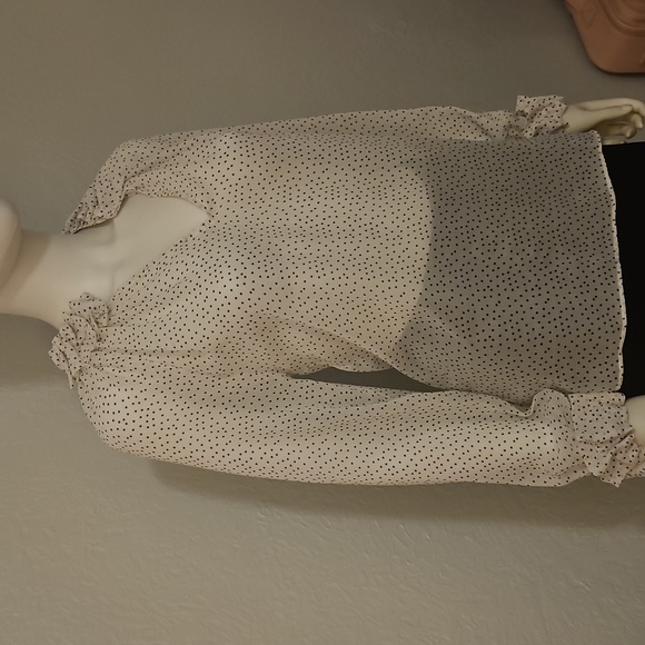 ARK & CO Sheer Black & White Pin Dot Ruffle Long Sleeve Top - Picture 3 of 7